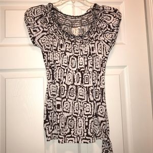 Brown & White Short Sleeved Shirt With Tie On Side